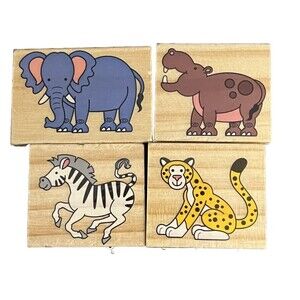 Wooden Rubber Stamps Set Of 4 New Animals Elephant Zebra Leopard Rhino